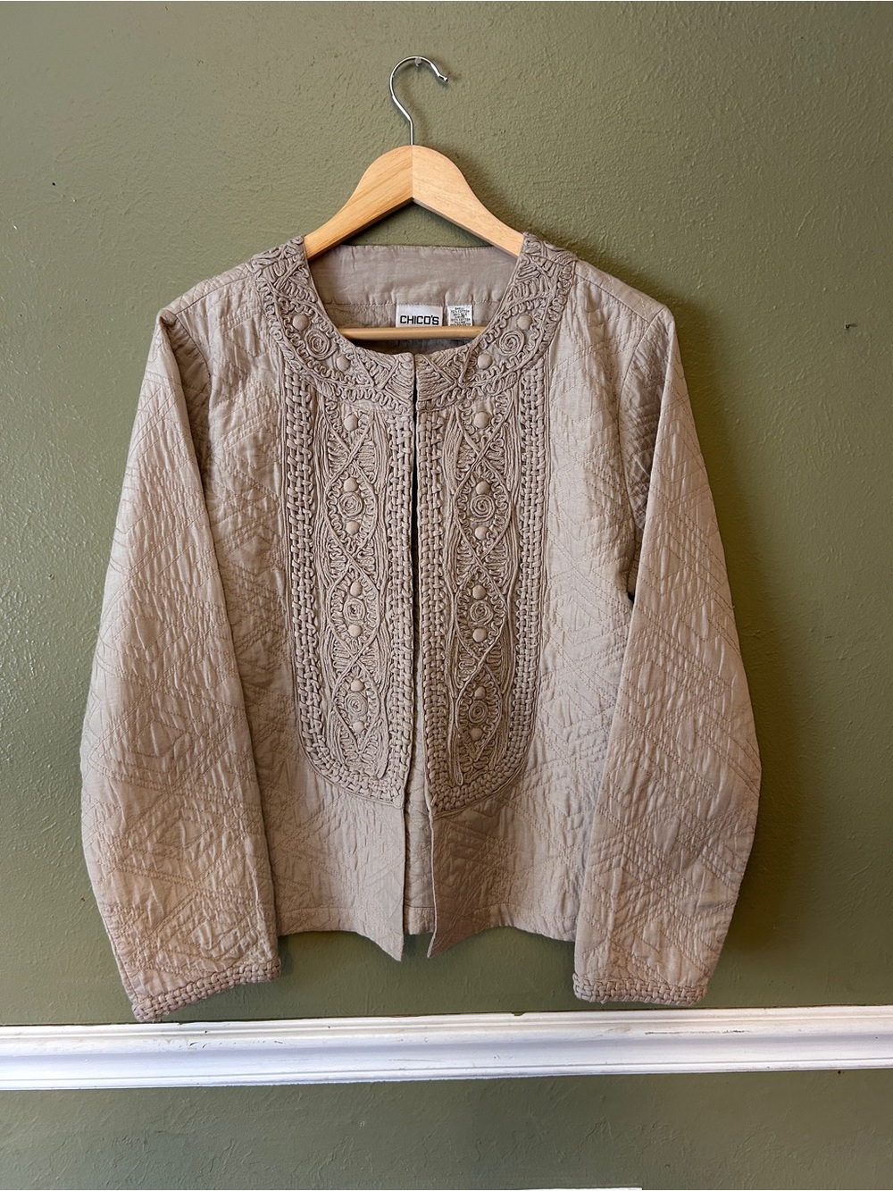 Chico's Taupe Silk Cotton Quilted Jacket Boho Cottagecore Fairy Granny Style